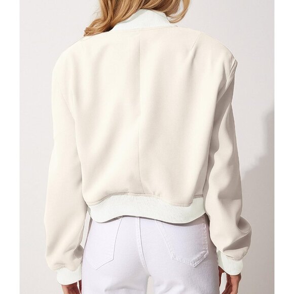 Womens Milky White Spring Varsity Bomber Jacket Cropped Button Down Casual Coat - Picture 2 of 8